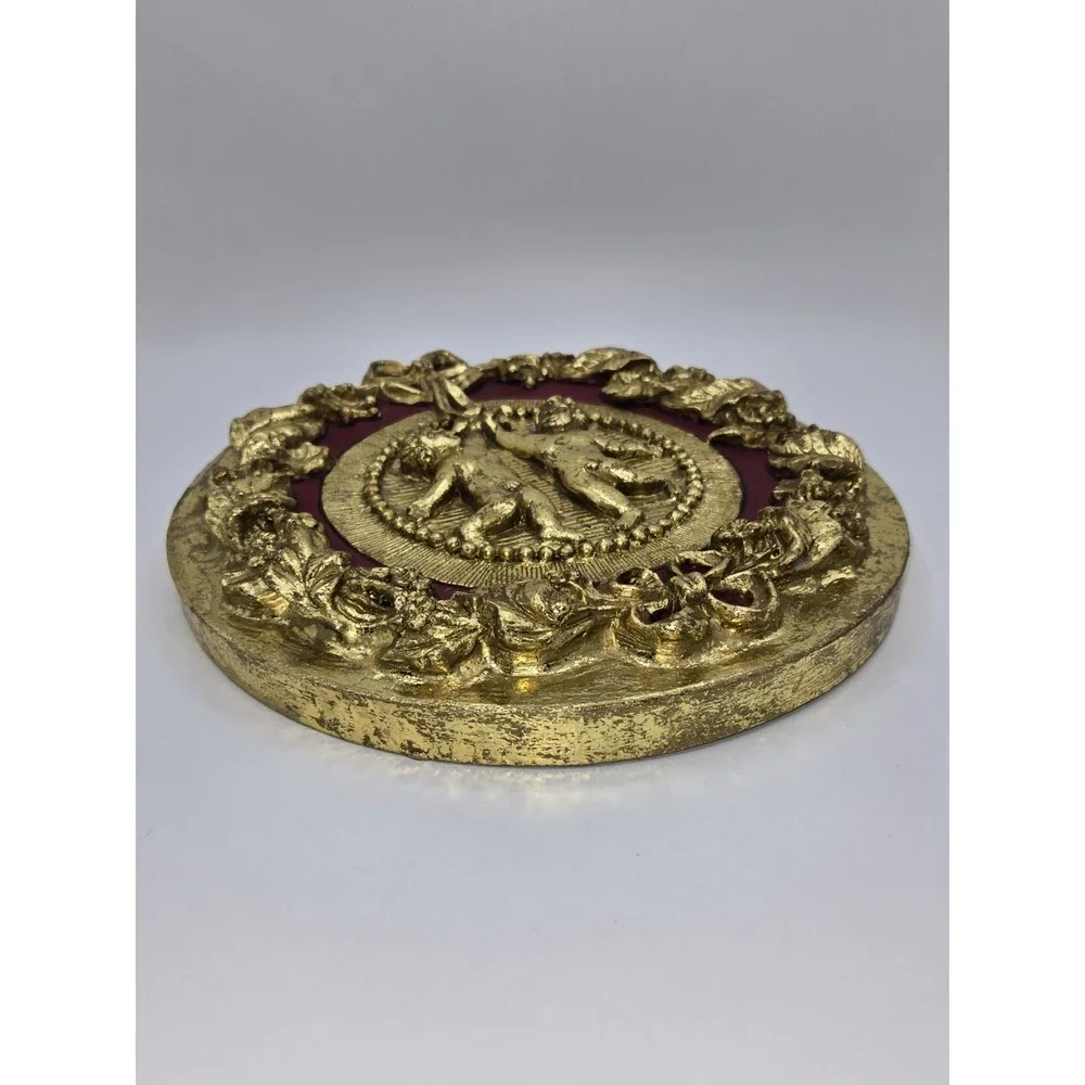 Vintage Cherub Wall Art Gold Gilt Plastic Florentine Style Relief Plaque Decor